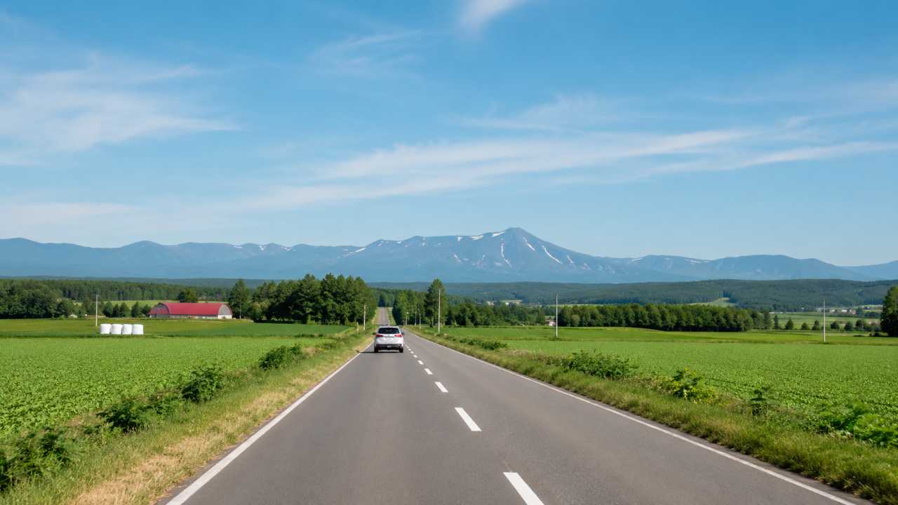 北海道の田舎道を走る車、左右に畑、遠くに山、旅と暮らしの両方を感じる実写風