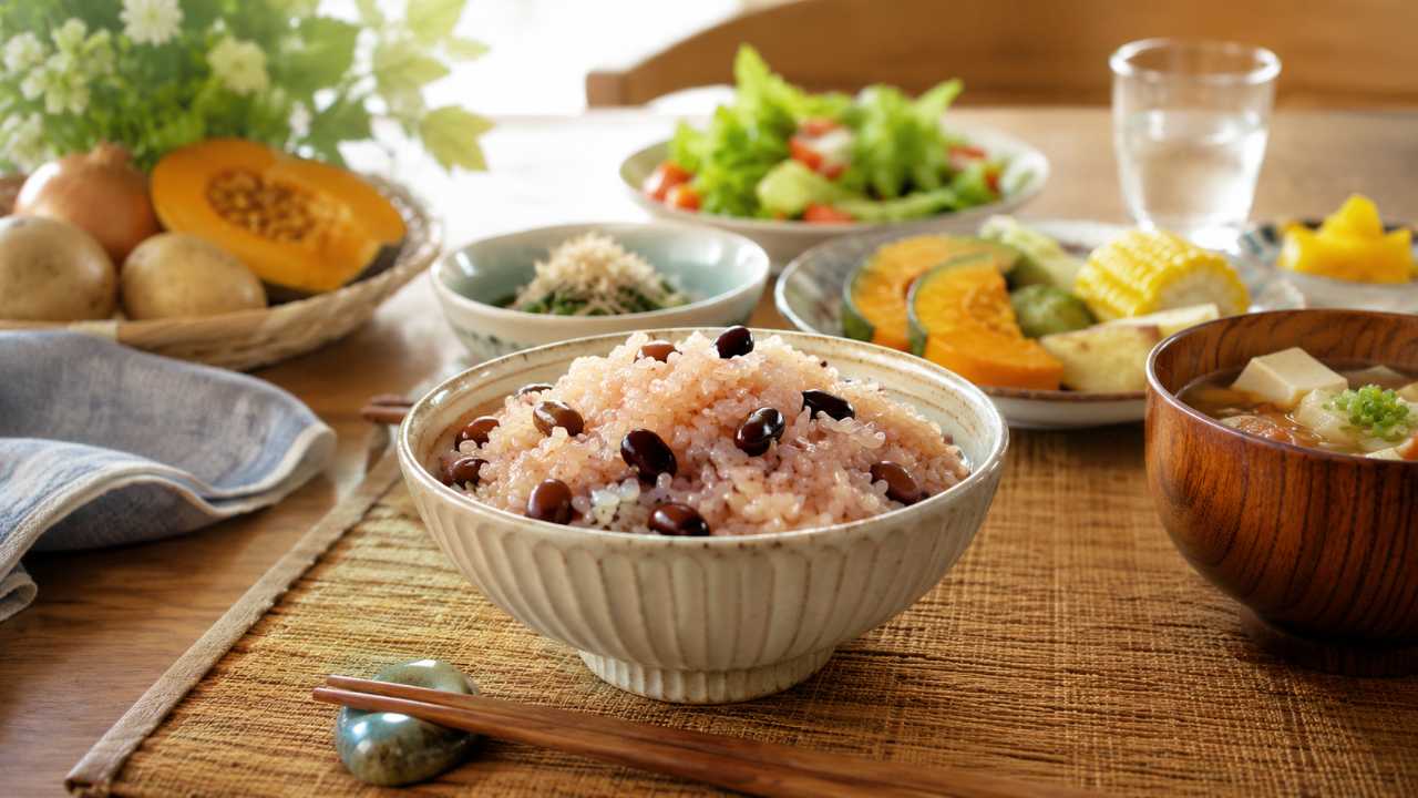 北海道の郷土料理をイメージした甘納豆赤飯と温かい食卓。地域の不思議な食文化をやさしく伝える写真