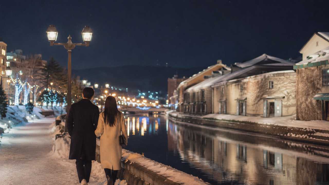小樽運河を思わせる夜の水辺を歩くカップルの後ろ姿。冬のライトアップ、落ち着いた恋愛ムード