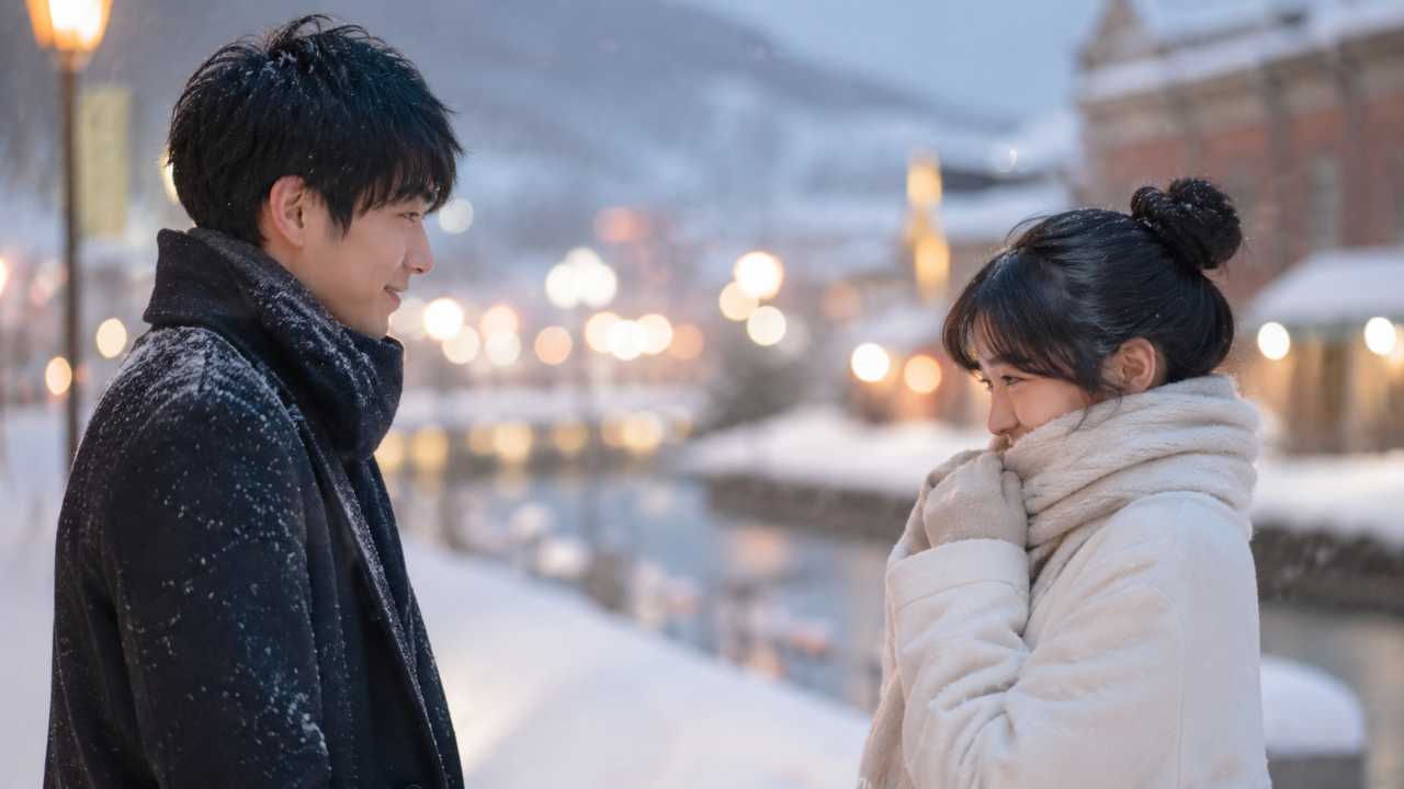 北海道の冬の街並みを背景に、若い男女が少し照れながら向き合っている実写風のブログアイキャッチ画像