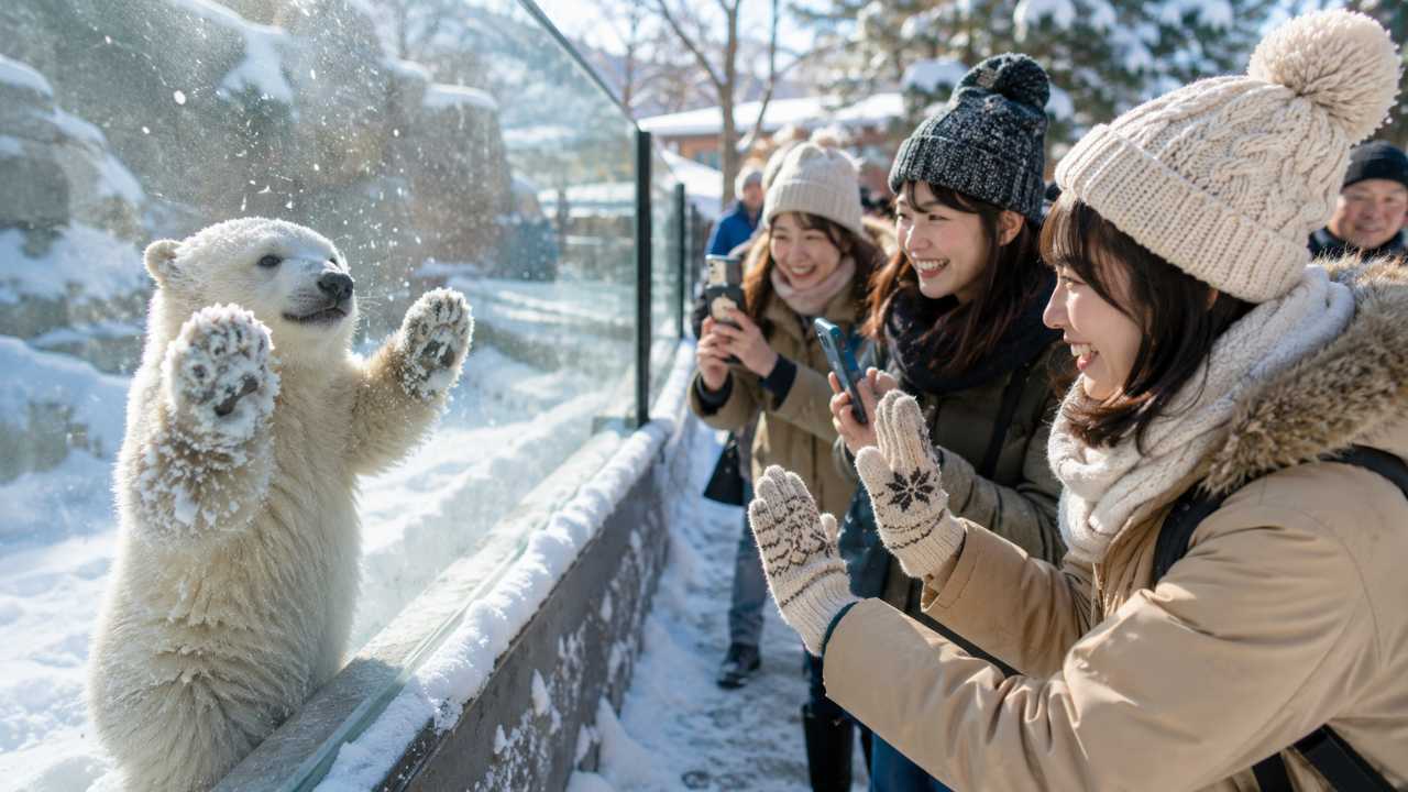 旭山動物園を連想させる冬の動物観察シーンで、かわいい動物を見て笑顔になる観光客の写真風画像