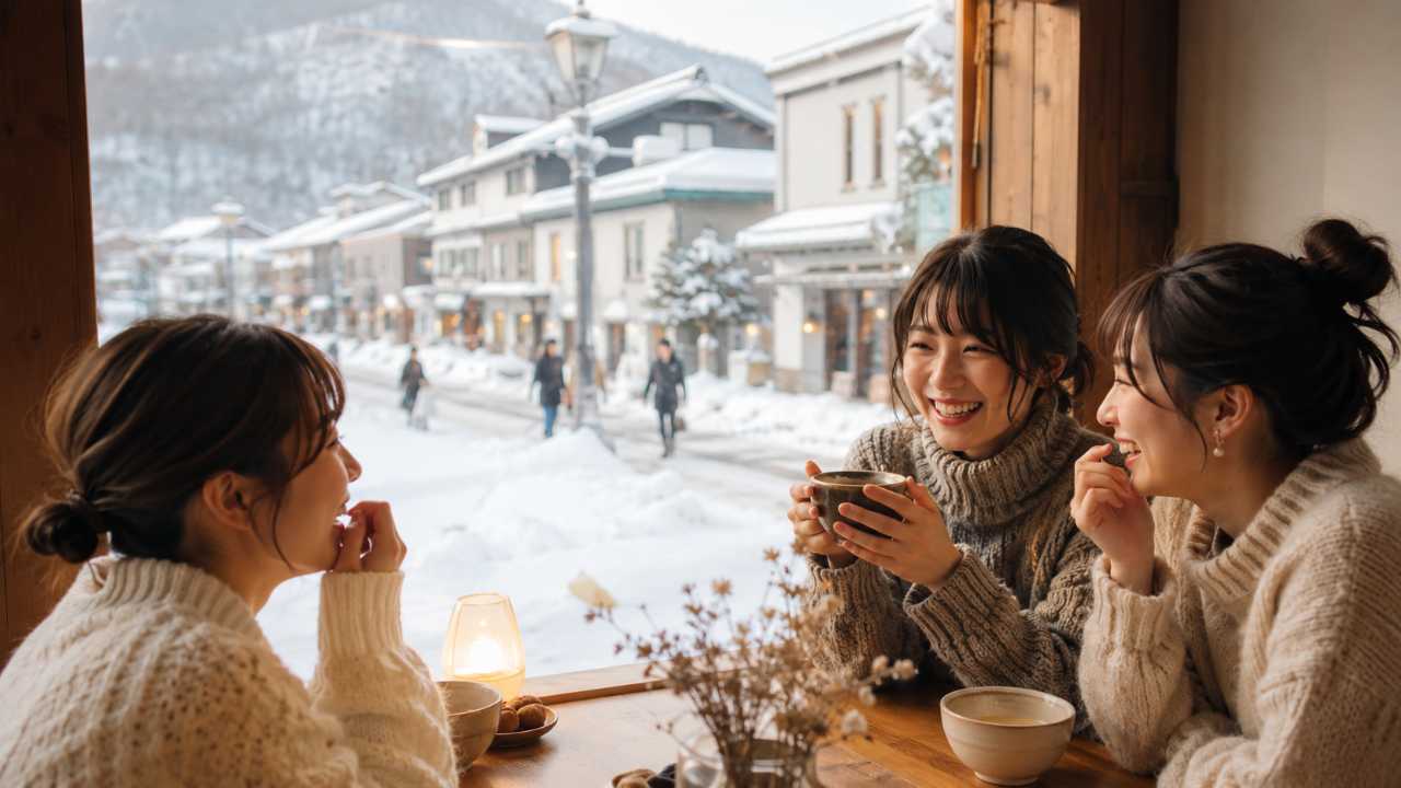 北海道の雪景色を背景に、温かいカフェの窓辺で友人同士が楽しそうに会話している写真風アイキャッチ画像