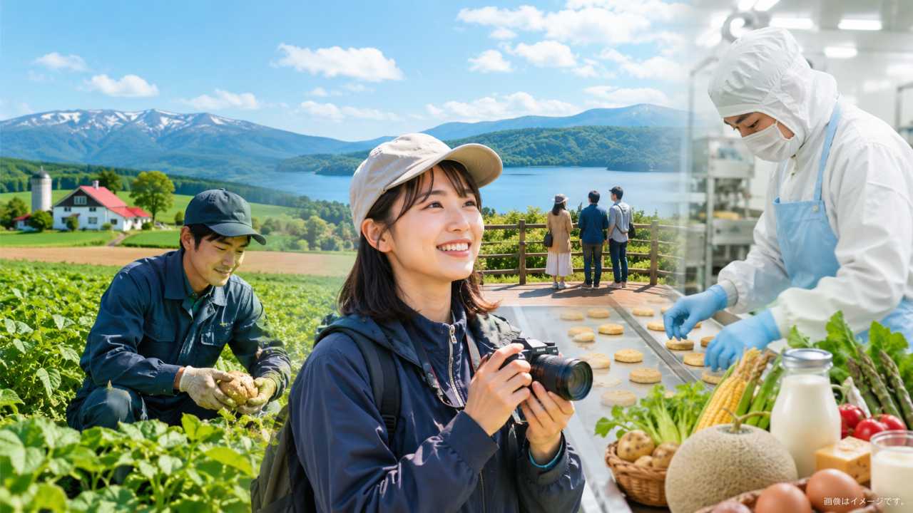 北海道の観光・食品・農業関連の仕事を表す、広い畑と食品工場、観光地の雰囲気を自然に組み合わせた写真風画像