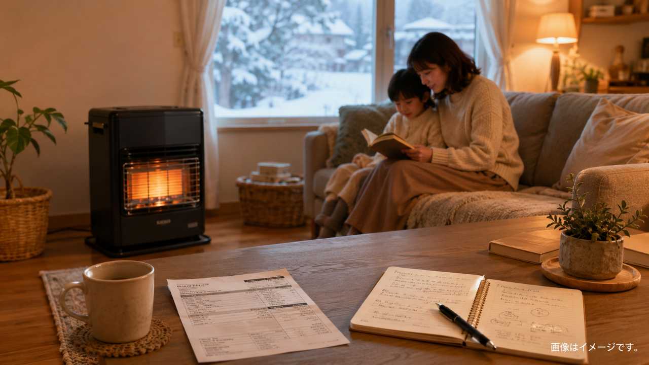 北海道の冬のリビング、窓の外に雪景色、室内に安全に設置された石油ストーブ