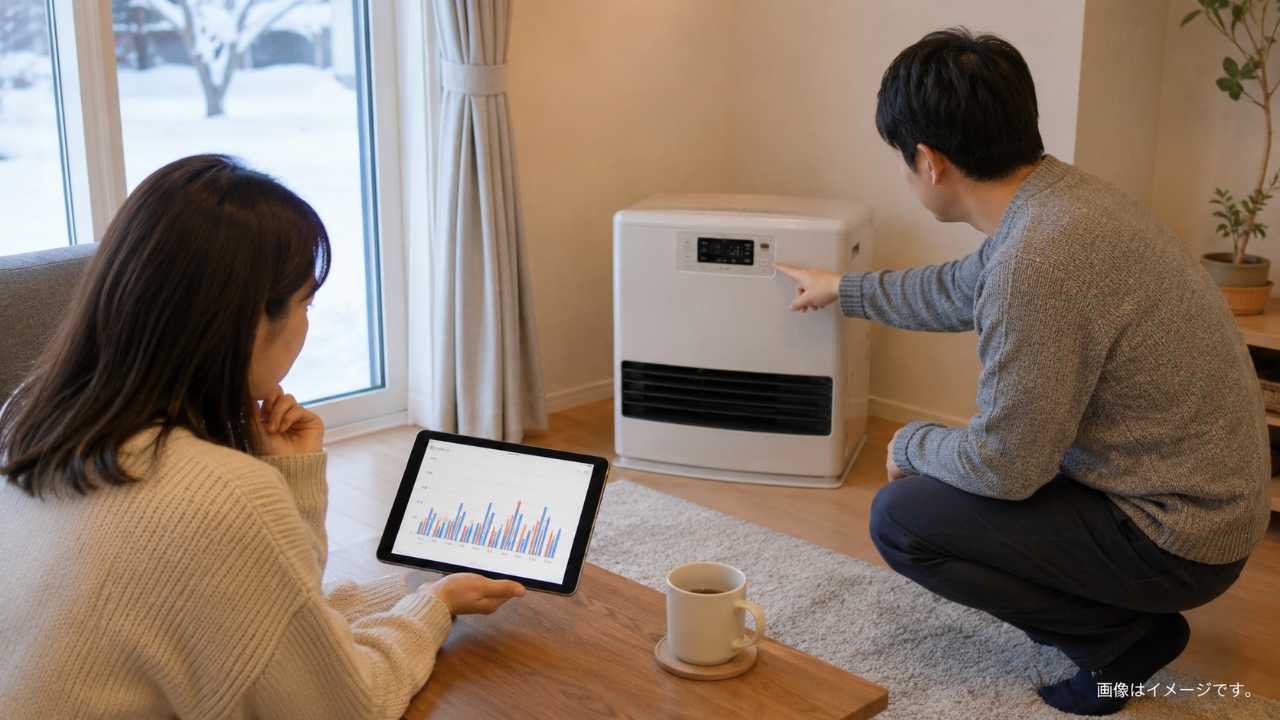 北海道の寒冷地住宅のリビングで、暖房機器と電気使用量のグラフを確認している様子