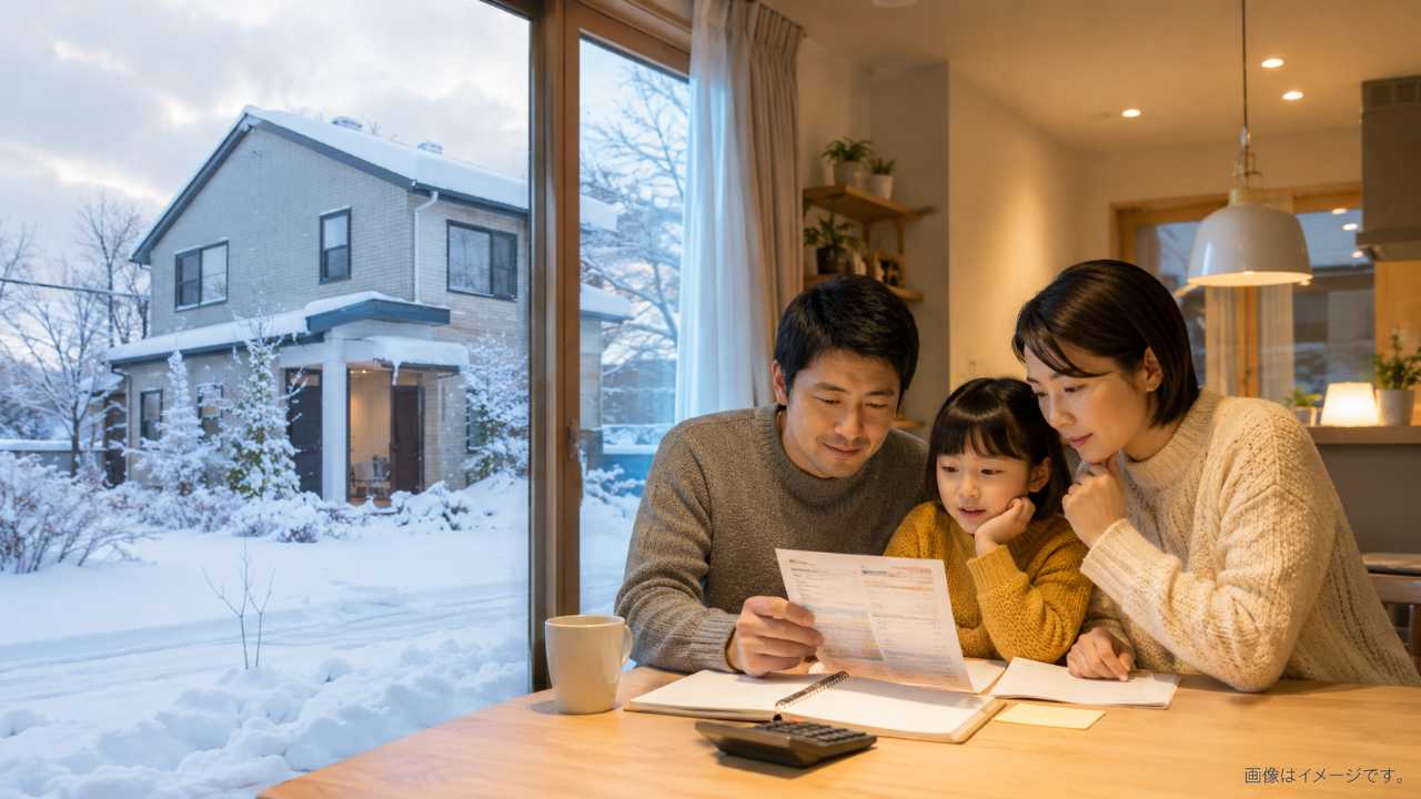 北海道の冬の一戸建て住宅、雪景色、室内で家族が電気料金の明細を見ながら暖房と給湯の見直しを相談している
