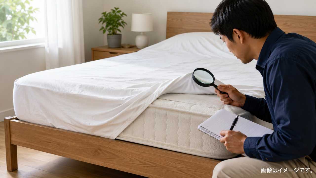 自宅の寝室で、白いシーツ、マットレス、虫眼鏡、メモ帳を使ってトコジラミの痕跡を点検するイメージ