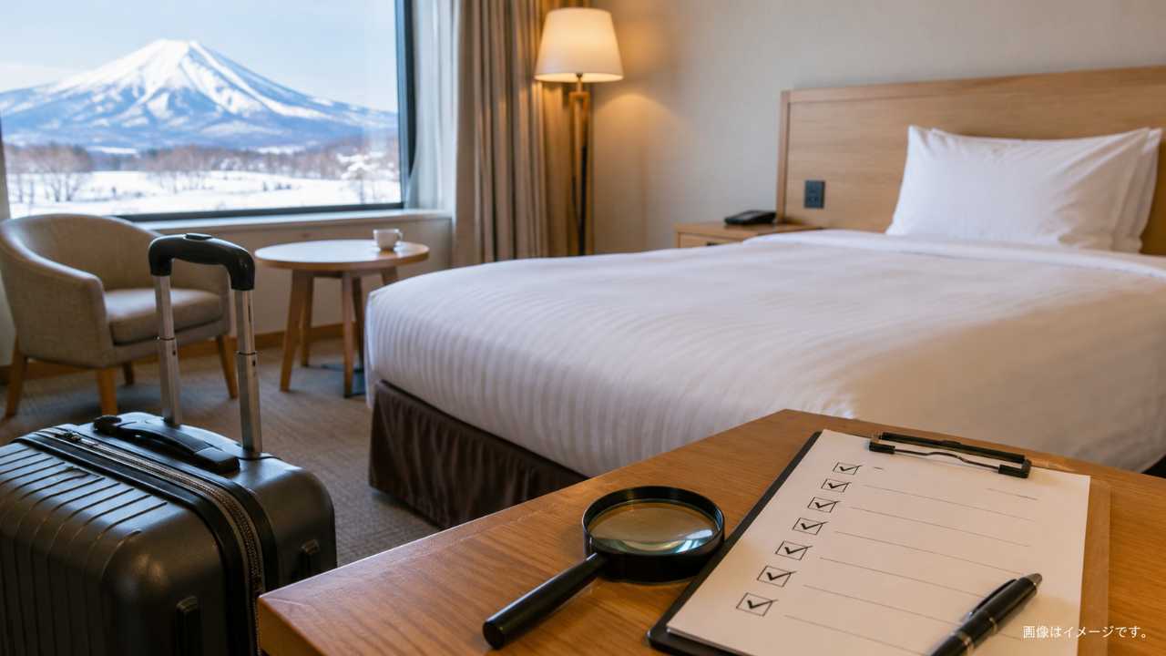 北海道のホテル客室を舞台に、清潔なベッド、スーツケース、虫眼鏡、チェックリストを配置し、トコジラミ対策をわかりやすく表現したブログ用アイキャッチ画像