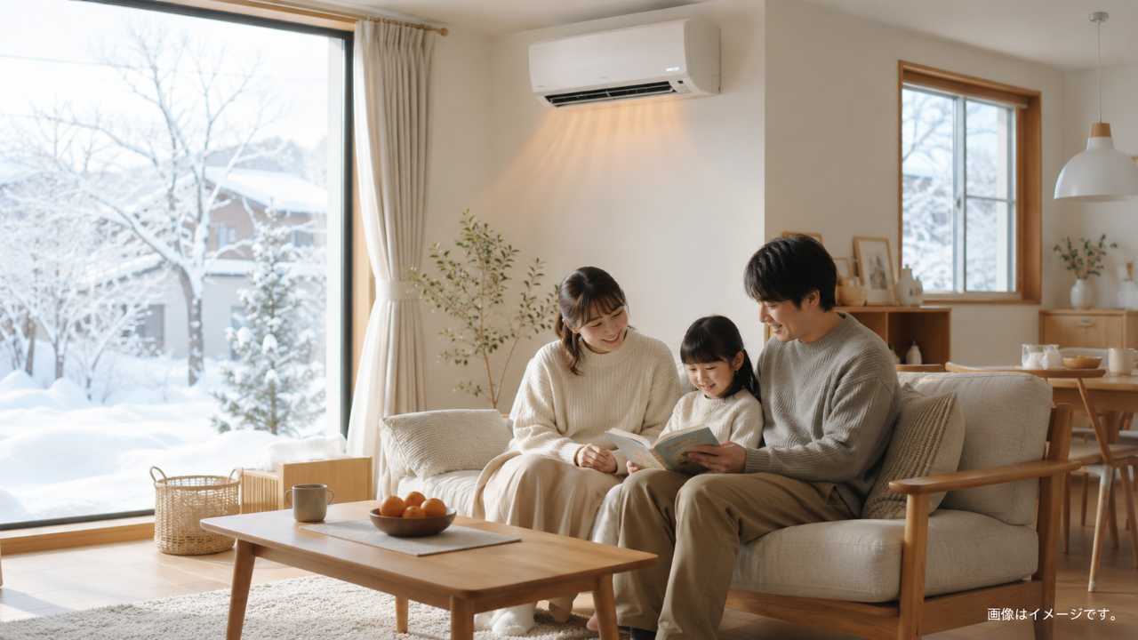 北海道の雪景色に包まれた暖かいリビング、窓の外に雪、室内には壁掛けエアコンの暖房で快適に過ごす家族
