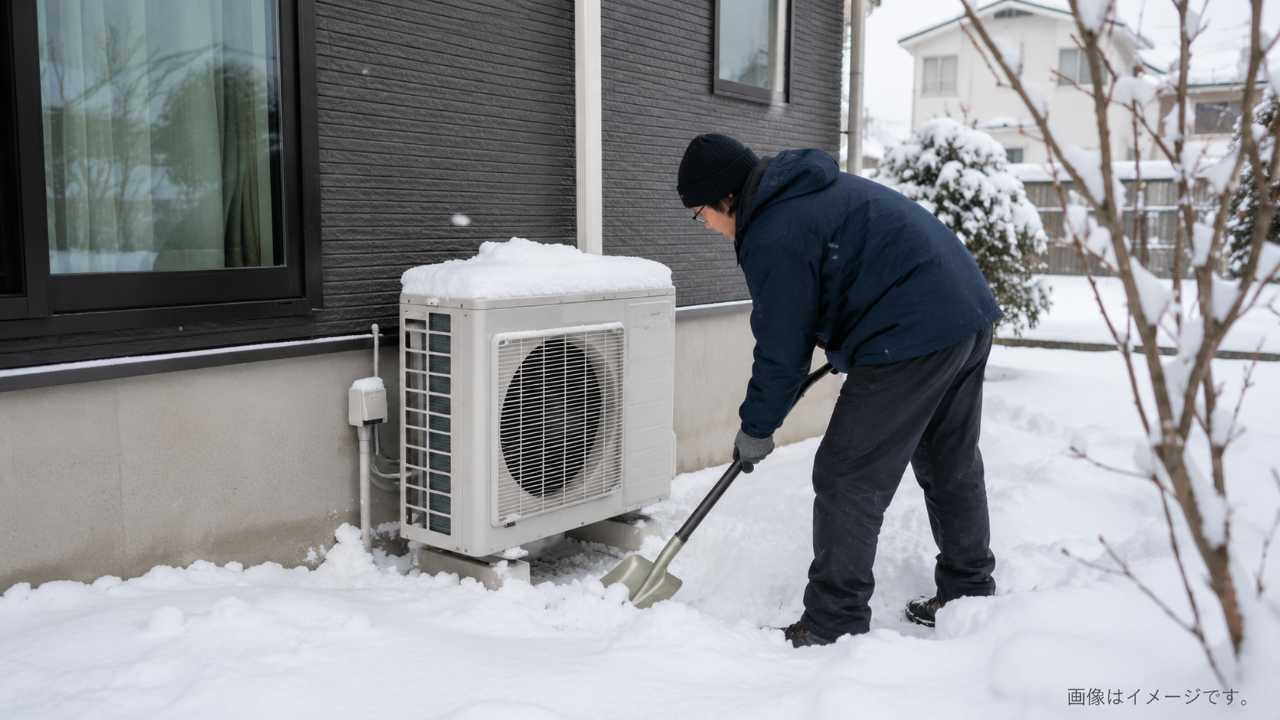 北海道の冬の住宅外観と室外機、室外機まわりの雪をきれいに除雪している様子