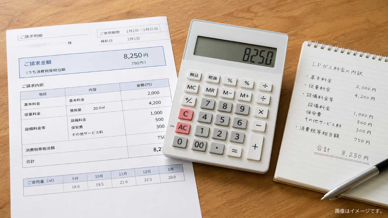LPガス料金の内訳をイメージした、請求書、電卓、メモ帳が並ぶ写真風の横長構図