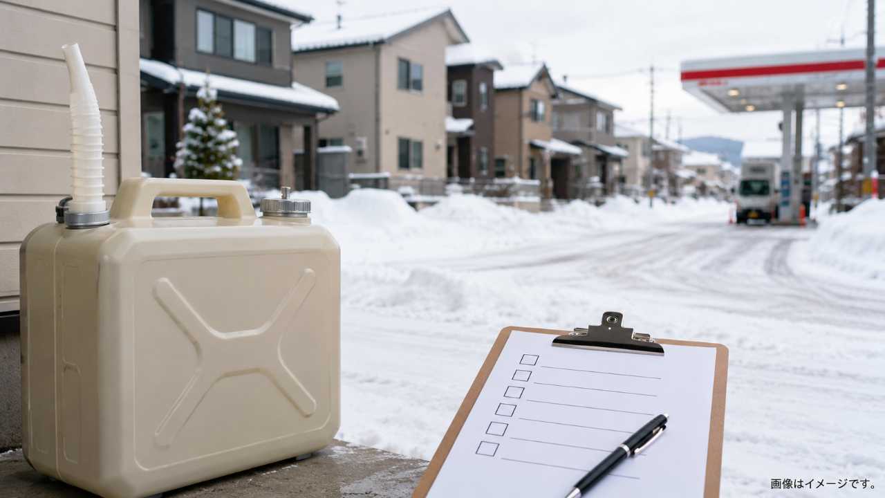 札幌の冬の住宅街を背景に、灯油用ポリタンク、チェックリスト、ガソリンスタンドを連想させるシンプルな構図