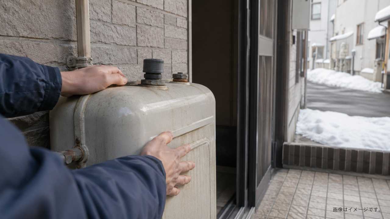 札幌の家庭の玄関先で、古い灯油タンクを確認する手元