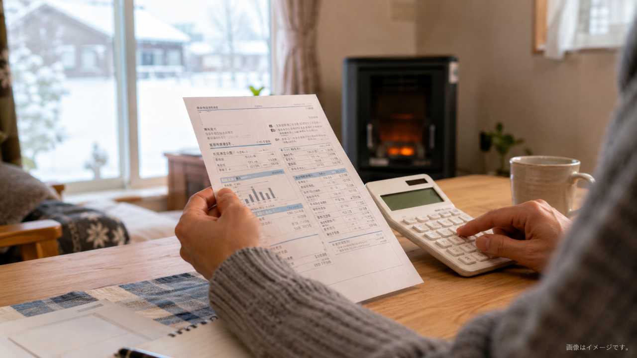北海道の住宅でガス料金の検針票と電卓を見ながら月々のガス代を確認する手元