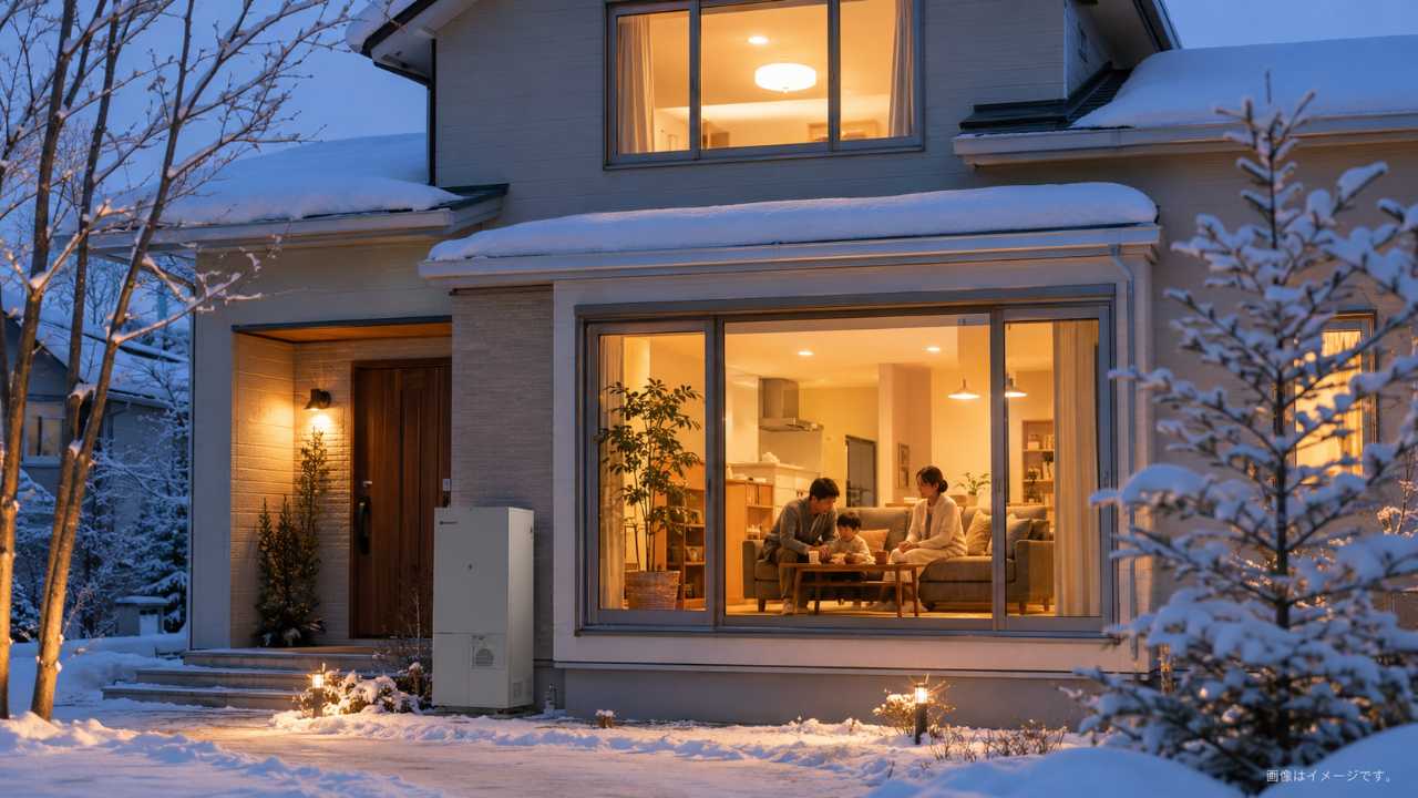 北海道の雪景色に建つ暖かい一戸建て住宅、室内では家族が快適に過ごしている、エコジョーズの給湯暖房をイメージできる自然な構図