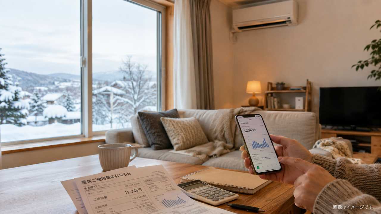 北海道の冬の住宅リビングでエアコン暖房を使っている暖かい室内、窓の外には雪景色