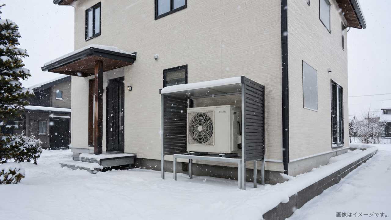 雪の降る北海道の一戸建て住宅と室外機、室外機まわりの雪対策がわかる構図
