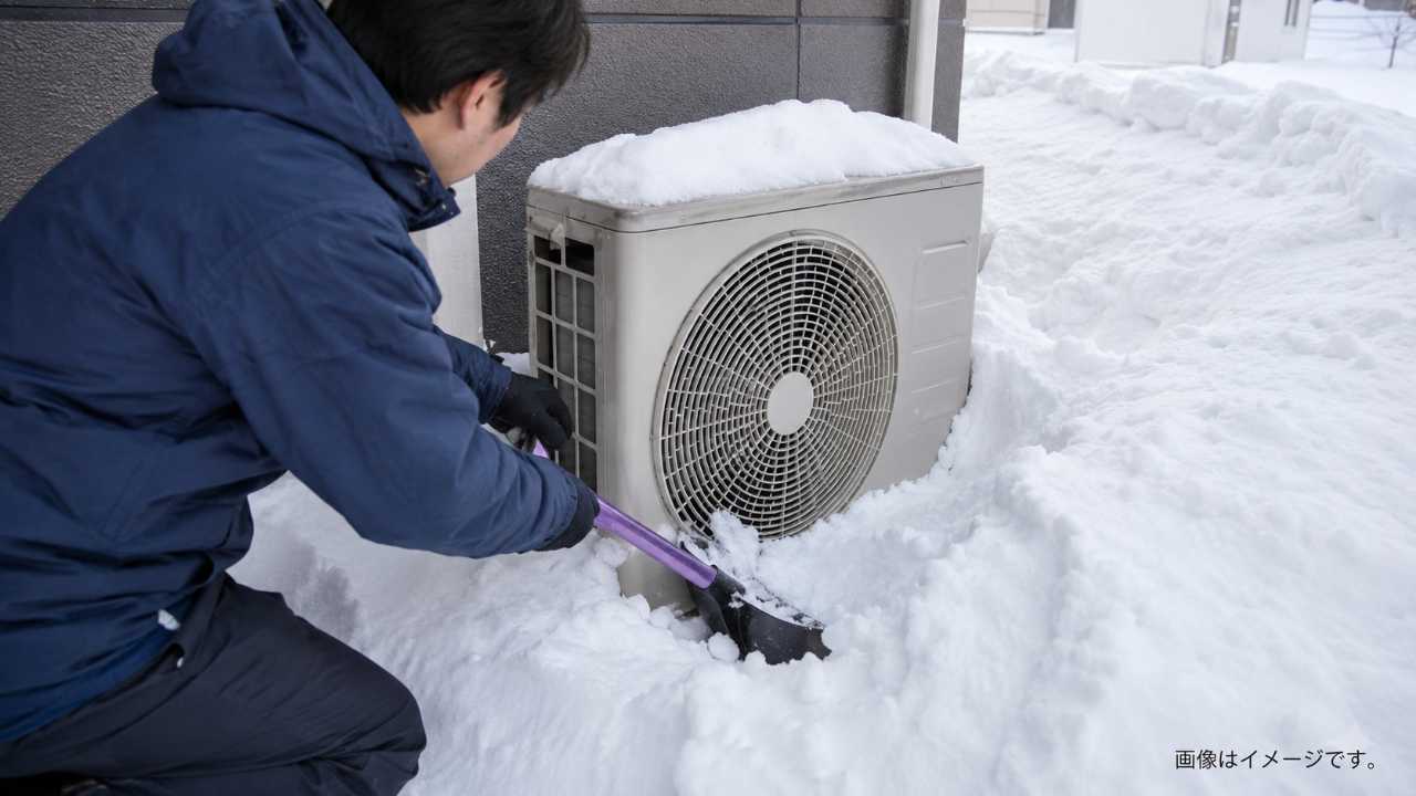手袋をした人が大雪後に室外機まわりを安全に除雪している様子