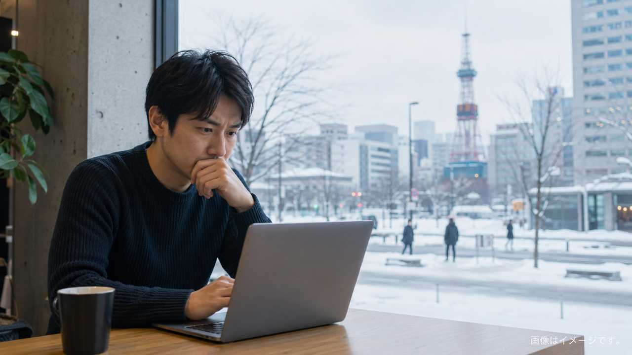 札幌の街並みを背景に、ノートパソコンで求人情報を見ながら仕事探しに悩む20代から40代の人物