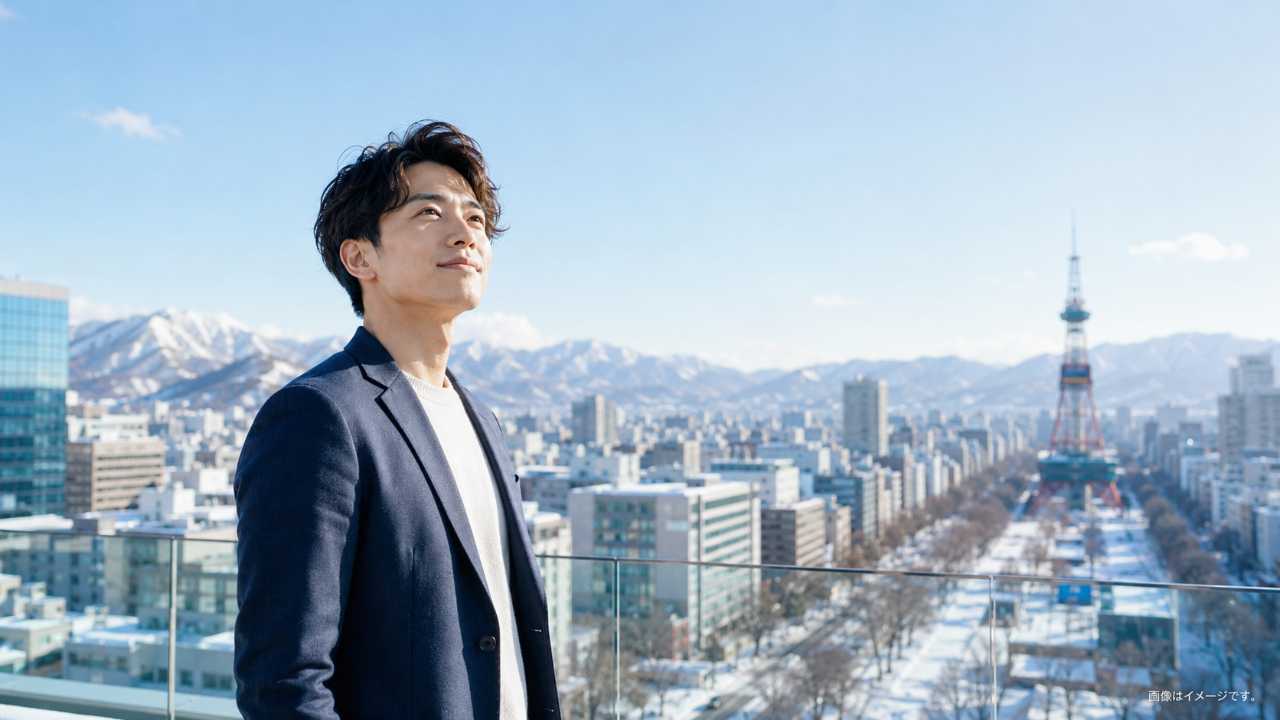 北海道の札幌中心部と雪景色を背景に、就職活動中の若いビジネスパーソンが未来を見据えて立っている写真風アイキャッチ画像
