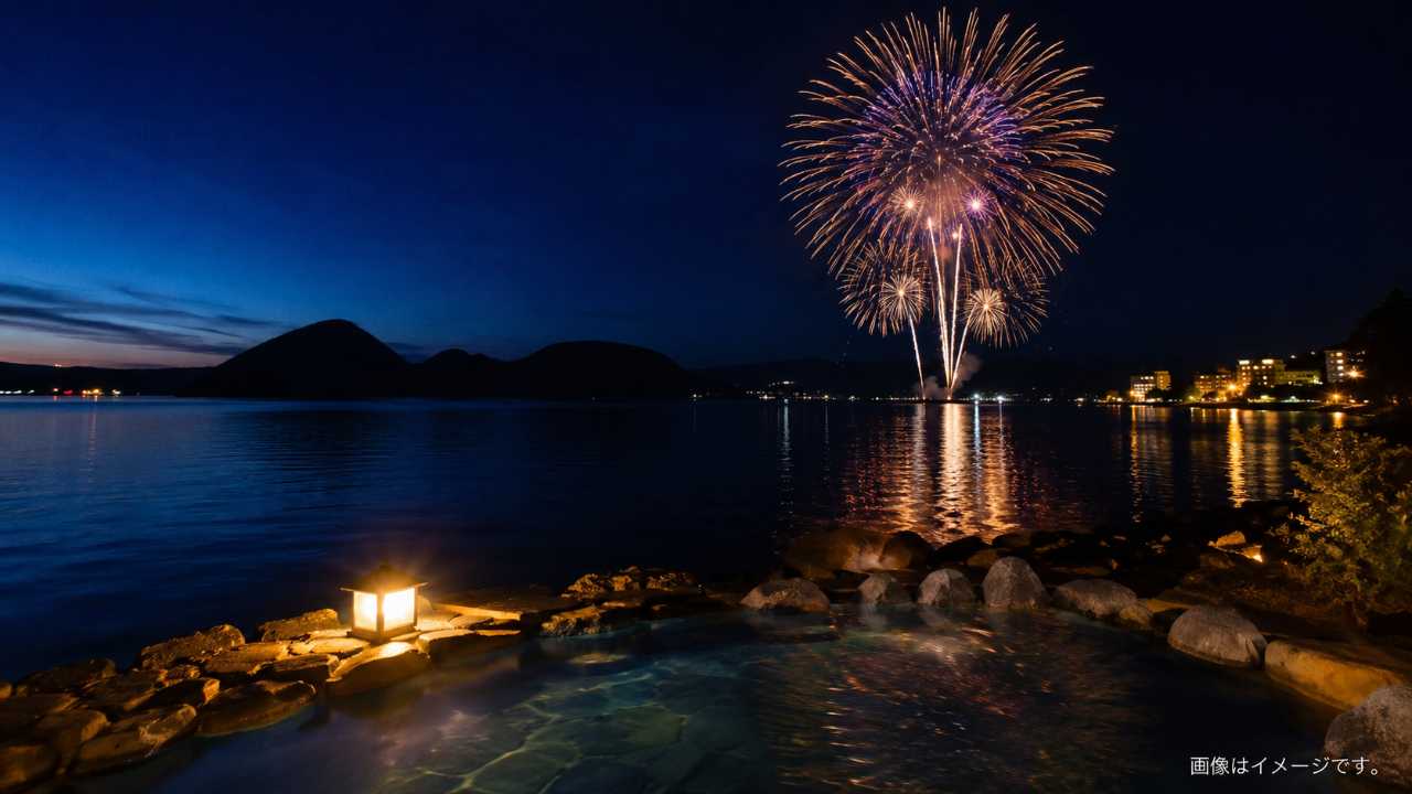 洞爺湖の湖畔と夏の夜空の花火をイメージしたブログ用写真風画像