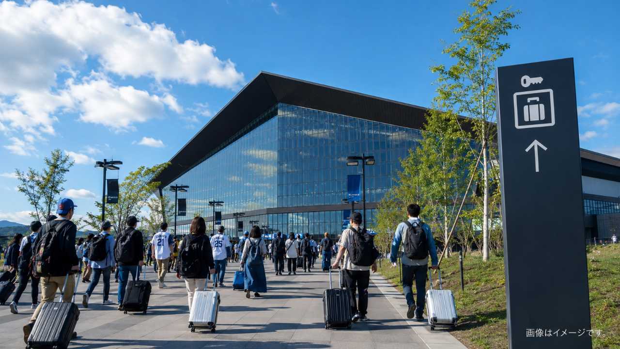 エスコンフィールドHOKKAIDOを連想させる近未来的な野球場の外観と、キャリーケースを持つ観戦客