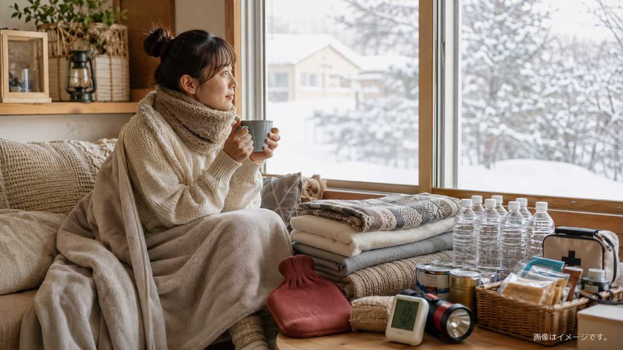 北海道の賃貸内見で暖房設備を確認している一人暮らしのイメージ、FF式暖房と窓の断熱性を見ている場面