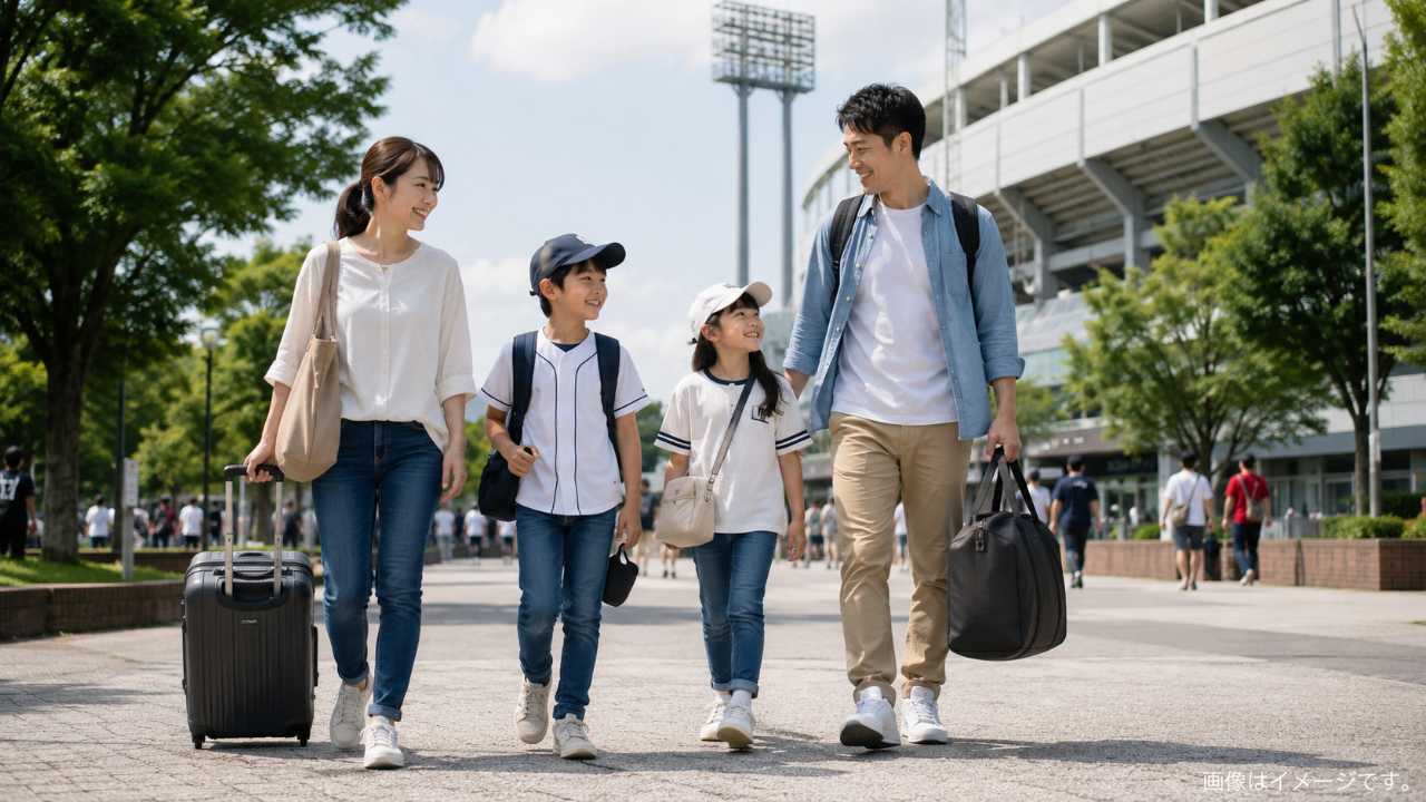 子連れ家族が球場周辺で荷物をコンパクトにまとめて歩く様子