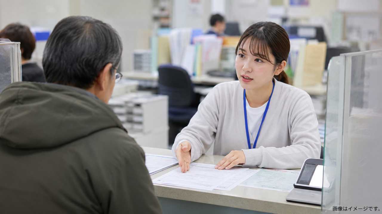 自治体の窓口で暖房費補助の申請について相談する住民と職員の様子