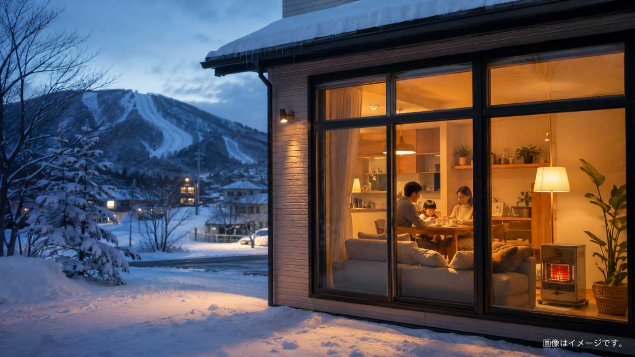 北海道の冬の住宅街、雪景色、室内の暖かい灯り、ガスメーターや家計簿を自然に配置した実写風ブログアイキャッチ