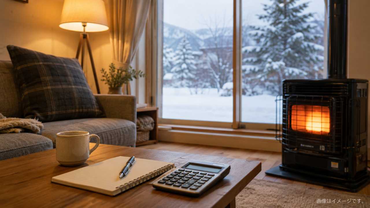 賃貸契約書、ガス料金明細、ペン、ノートパソコンを並べ、プロパンガス物件の料金を確認する実写風イメージ