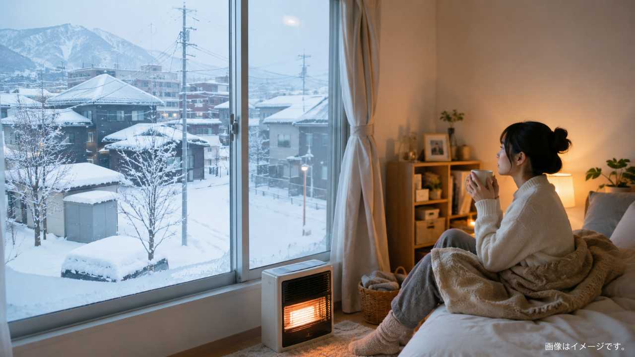 雪が積もった北海道の住宅街と、暖かい照明が灯る一人暮らしの部屋を組み合わせた実写風ブログ用アイキャッチ
