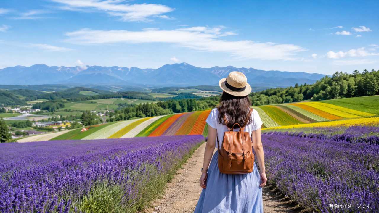 富良野のラベンダー畑と花畑を歩く旅行者の後ろ姿