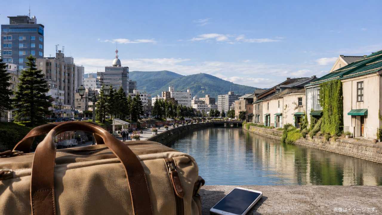 手前に旅行バッグとスマートフォン、背景に札幌の街並み、小樽運河、青空、やわらかい自然光を配置