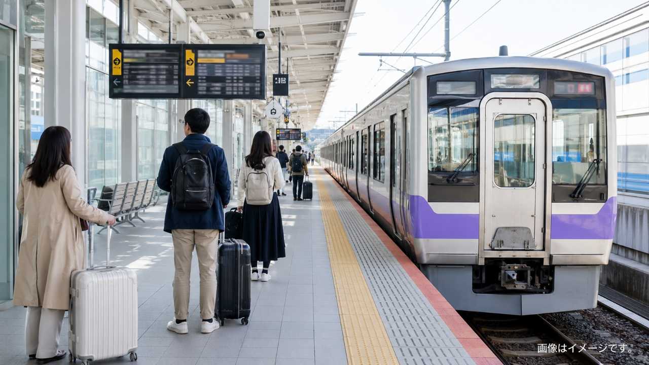 北海道の新函館北斗駅に停車する函館ライナー風の在来線電車