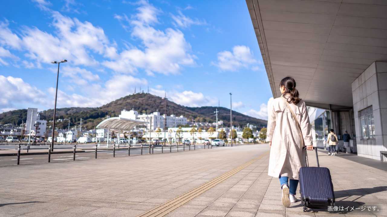 函館駅前に到着した旅行者が観光へ向かう場面