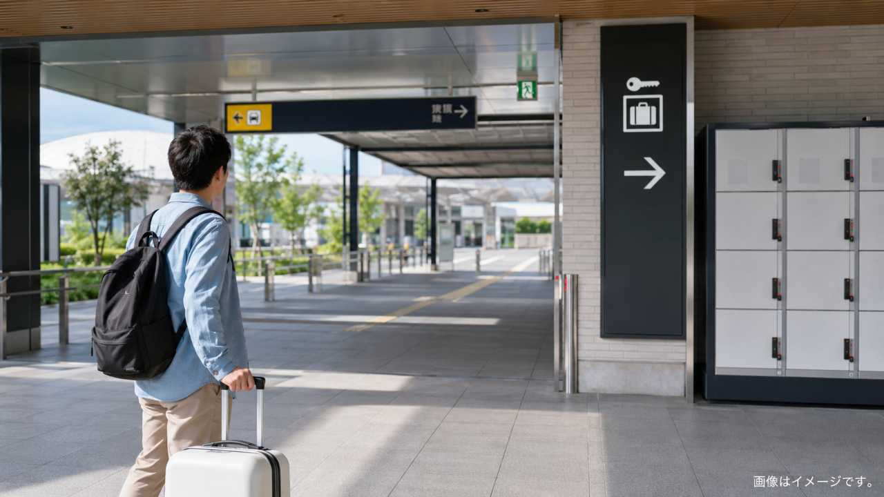 北広島駅周辺の明るい昼間の雰囲気、スーツケースを持った旅行者がコインロッカーを探している実写風
