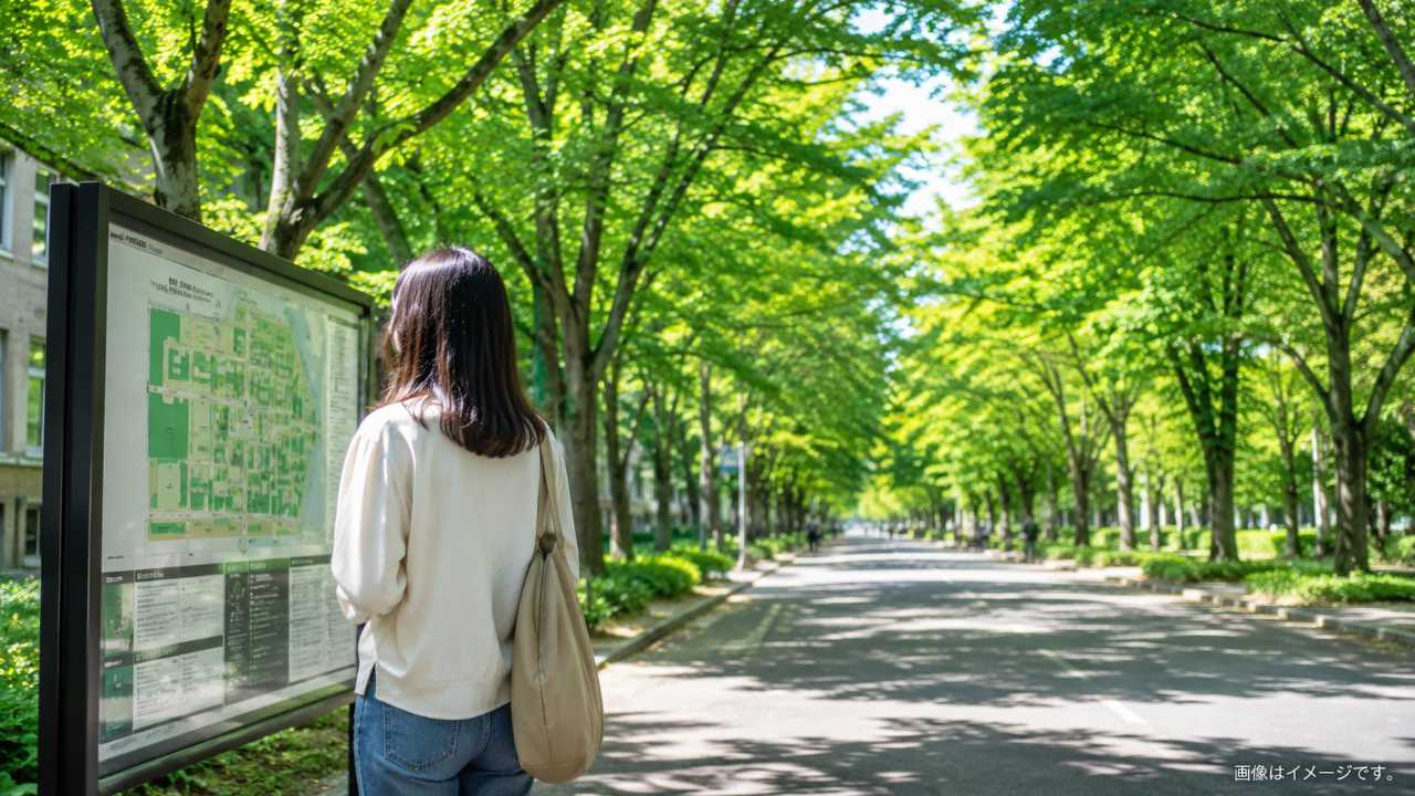 北海道大学札幌キャンパスの緑豊かな並木道と、近くに駐車場案内を確認する来訪者の後ろ姿を写した実写風