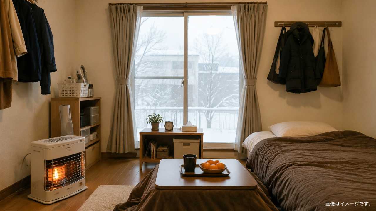 北海道のワンルーム賃貸の冬、コンパクトな部屋に暖房機と厚手カーテン、灯油代を節約している雰囲気