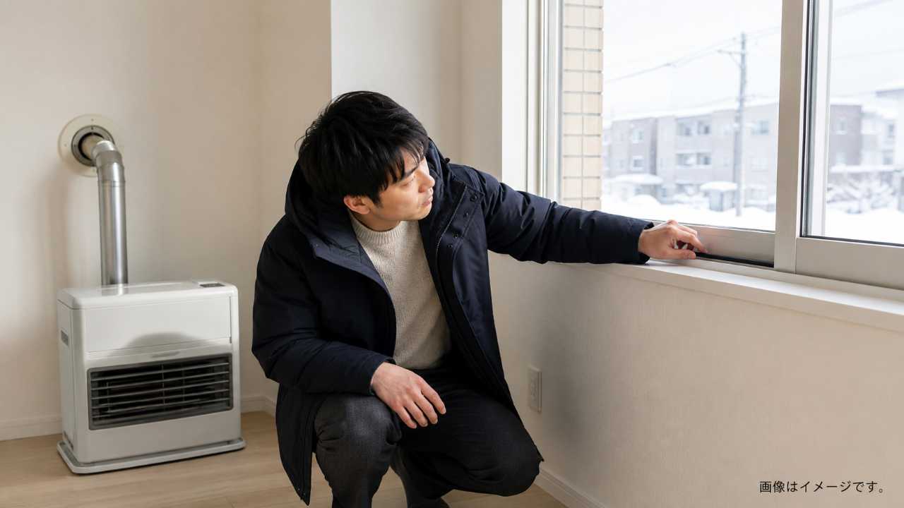 北海道の賃貸物件を内見する若い社会人が、窓の断熱性と暖房設備を確認している実写風写真