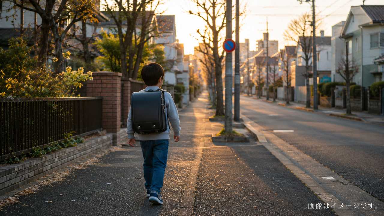 小学生が放課後にランドセルを背負って安全に歩く札幌の街並み風景