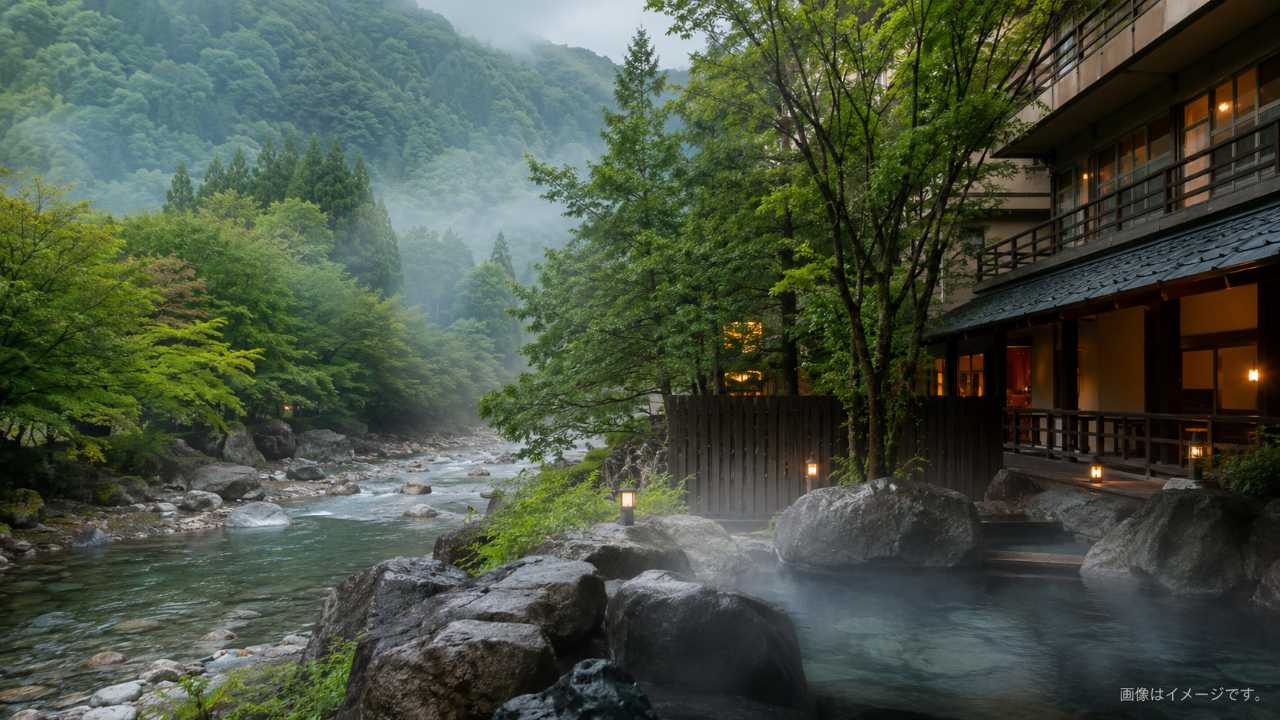 北海道道東の静かな温泉地、森と渓流に囲まれた養老牛温泉をイメージしたブログ用アイキャッチ
