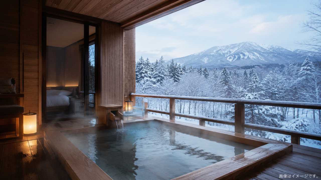 北海道の雪景色に包まれた静かな温泉宿の客室露天風呂