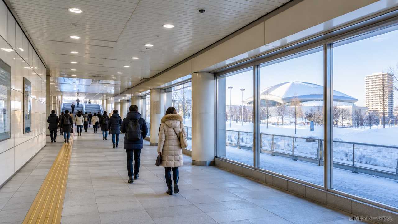 札幌市営地下鉄の駅構内からイベント会場へ向かう人々の後ろ姿