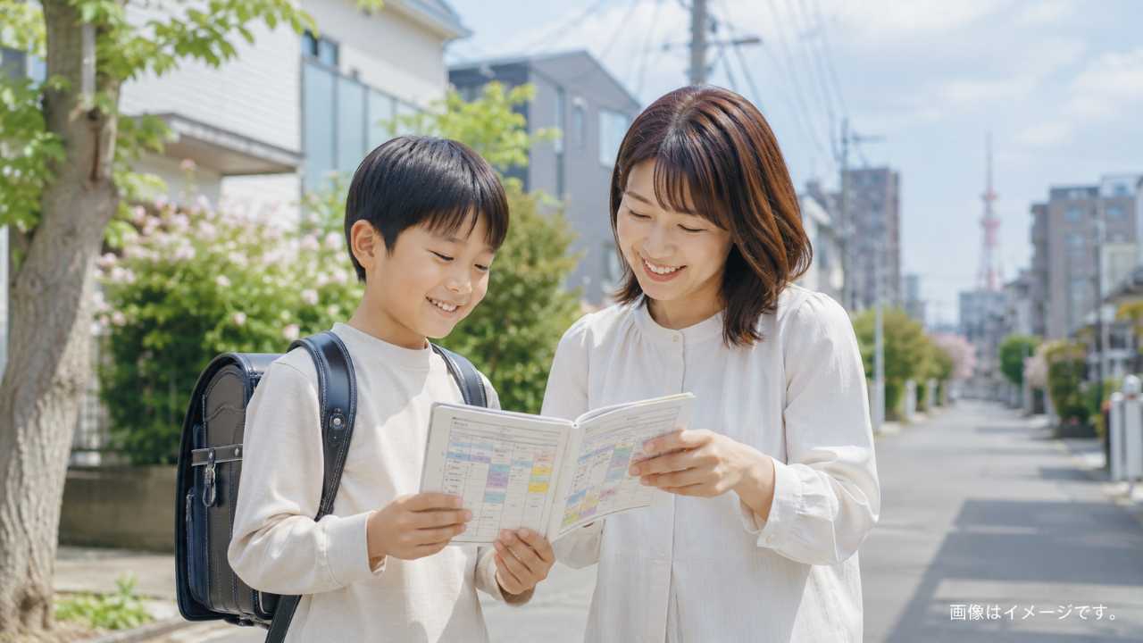 札幌の住宅街を背景に、小学生の子どもと保護者が放課後の予定表を見ながら安心した表情で話している写真
