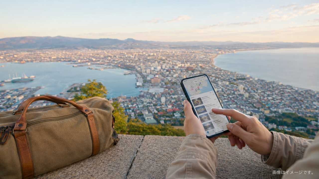 函館の街並みと旅行バッグ、スマートフォンで休憩場所を調べる旅行者