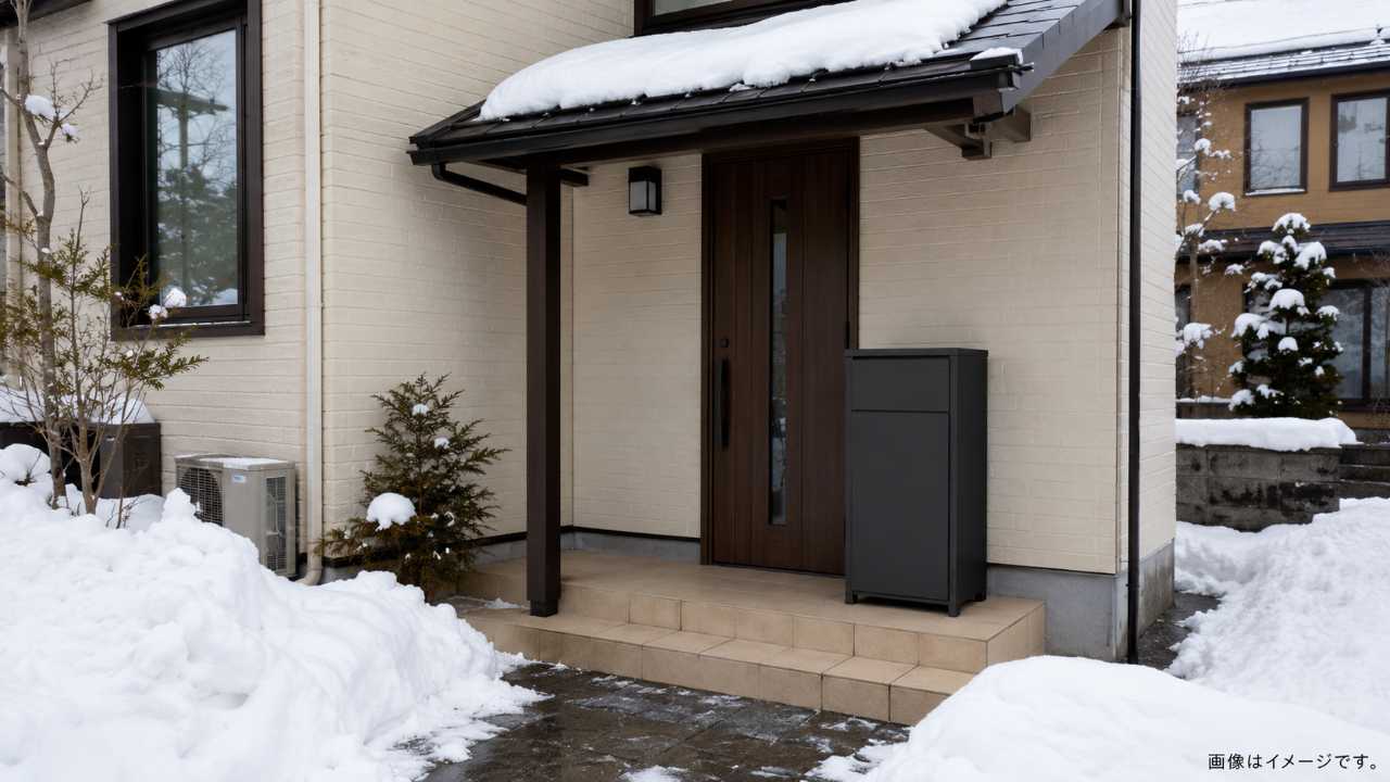 北海道の戸建て住宅の玄関前、固定設置された宅配ボックスと雪よけ屋根、落ち着いた住宅リフォームの雰囲気