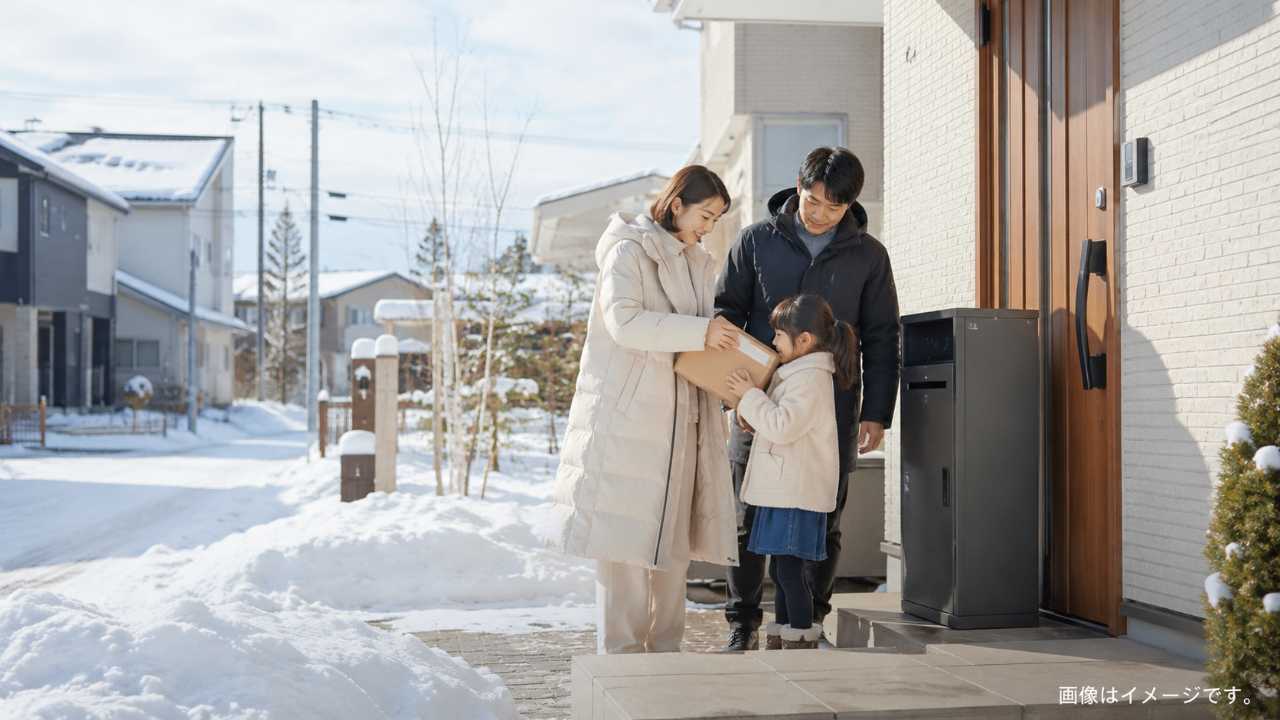 北海道の冬の住宅街、雪が積もった玄関横に清潔感のある宅配ボックスが設置されている、家族が安心して荷物を受け取る雰囲気
