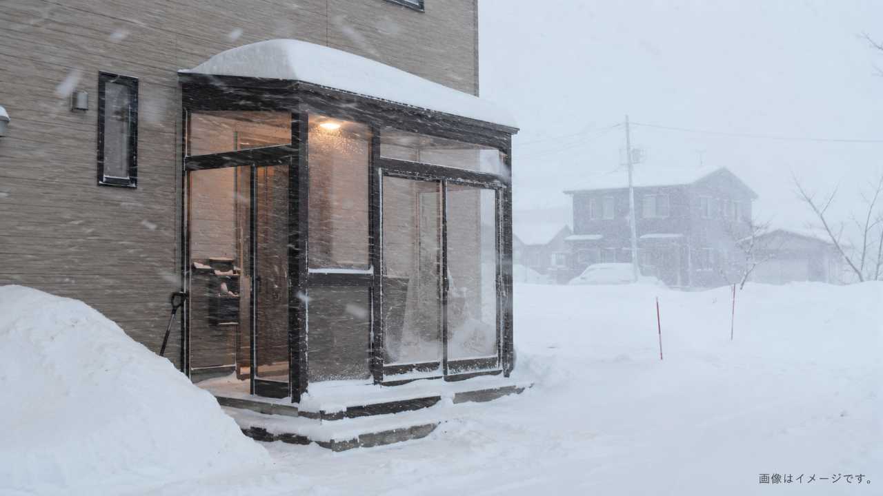 吹雪の日に玄関フードが雪と風を防いでいる北海道住宅の外観