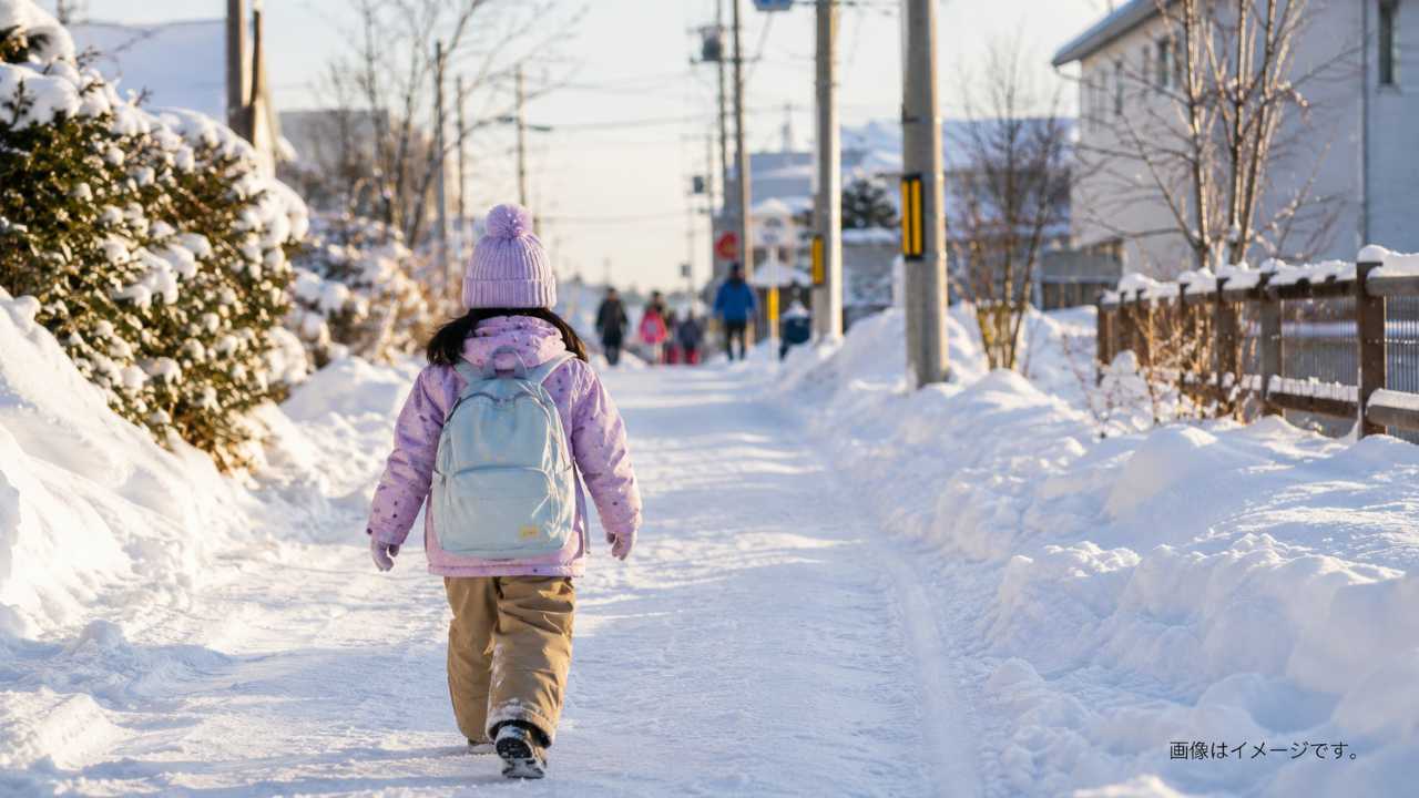 雪の積もった北海道の通学路で、軽量リュックを背負った小学生の後ろ姿を写した実写風写真